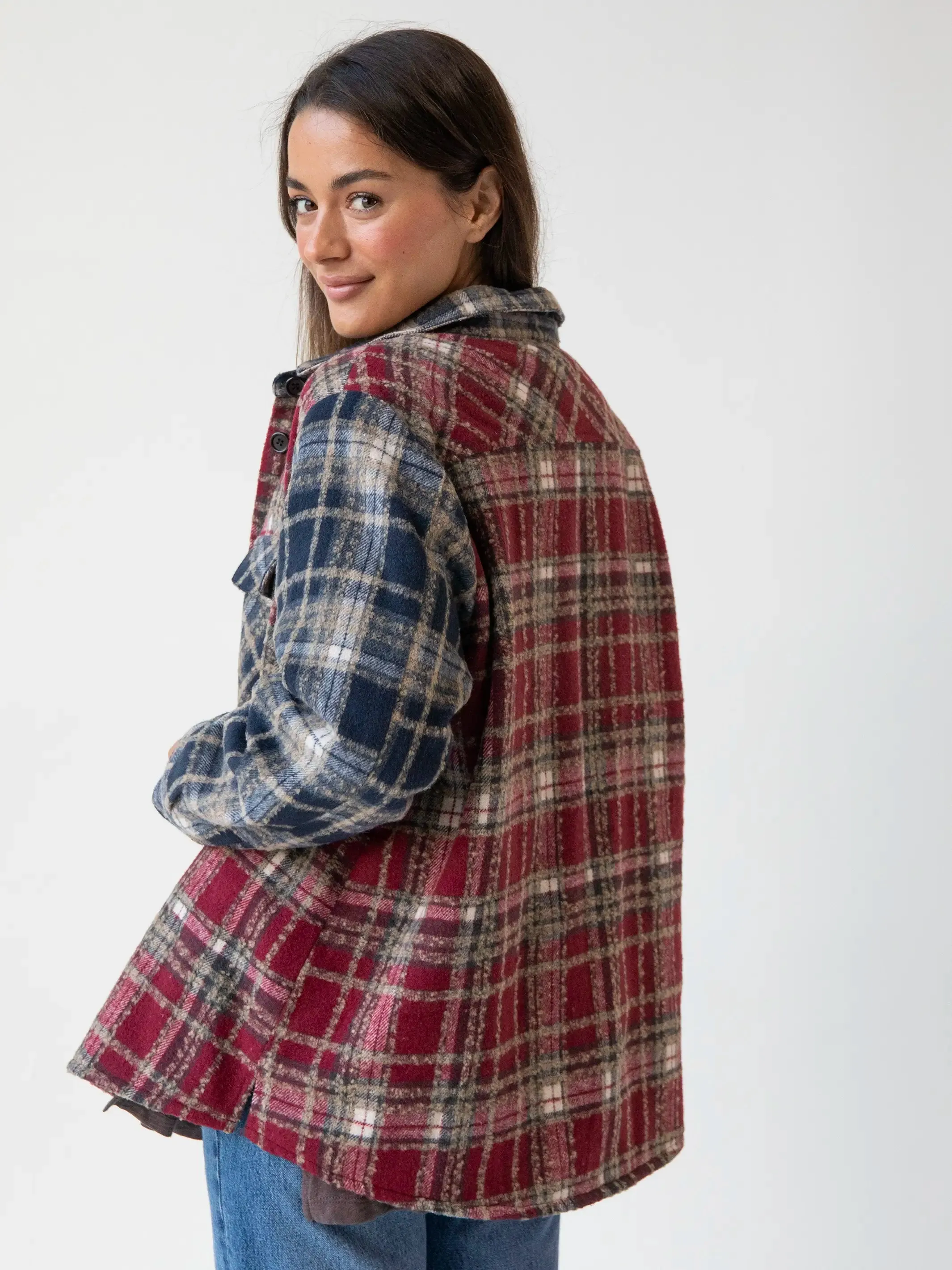 Warm & Cozy Shacket - Cranberry Navy Mixed Plaid