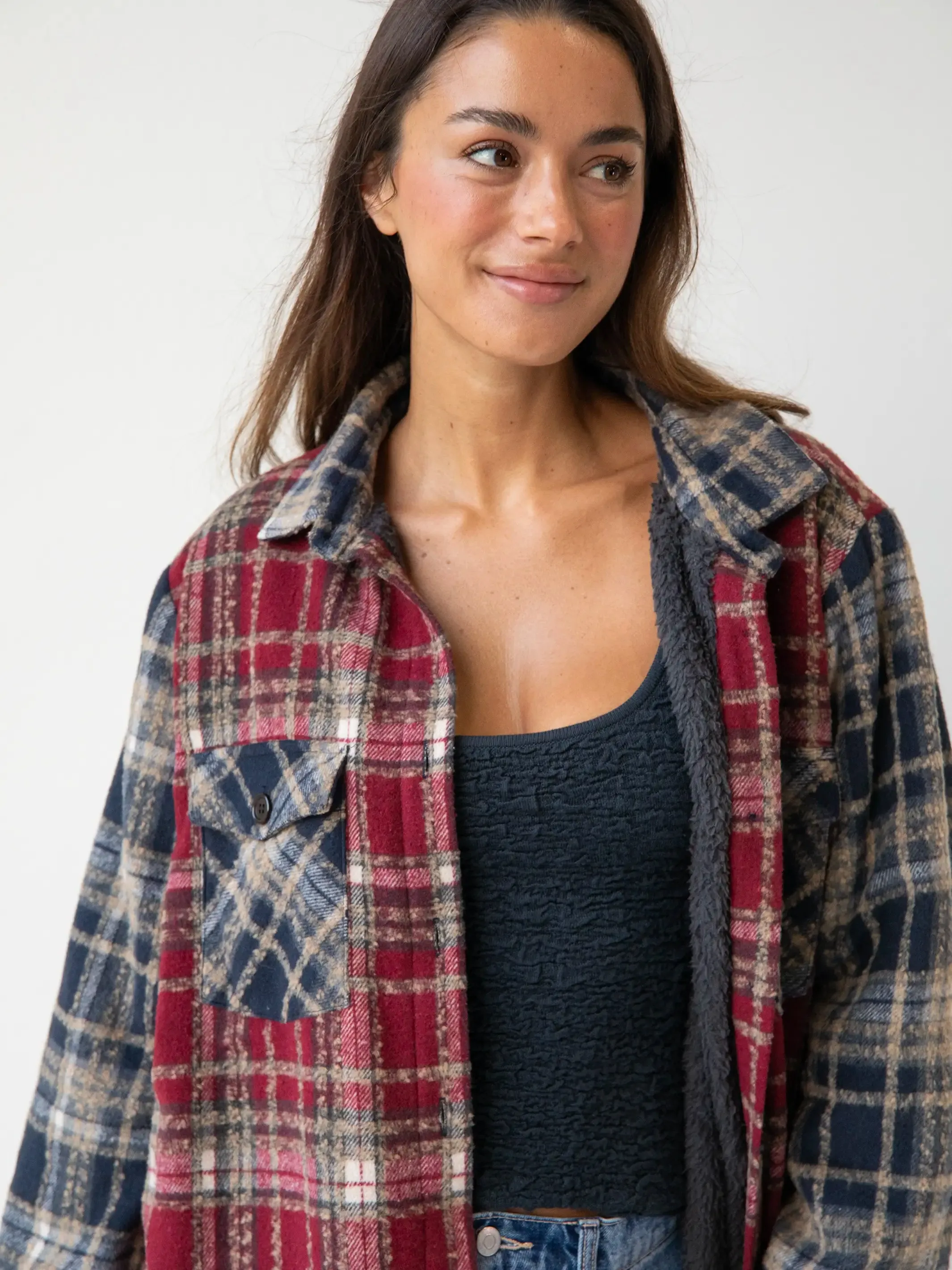 Warm & Cozy Shacket - Cranberry Navy Mixed Plaid