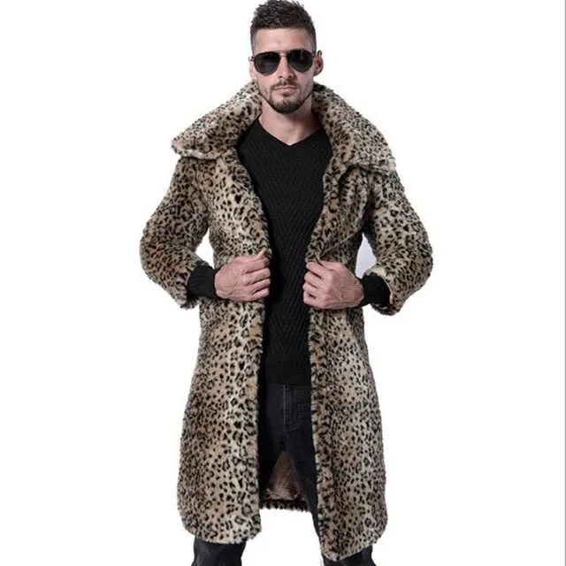 Warm Leopard Long Faux Fur  Stylish Men Coat