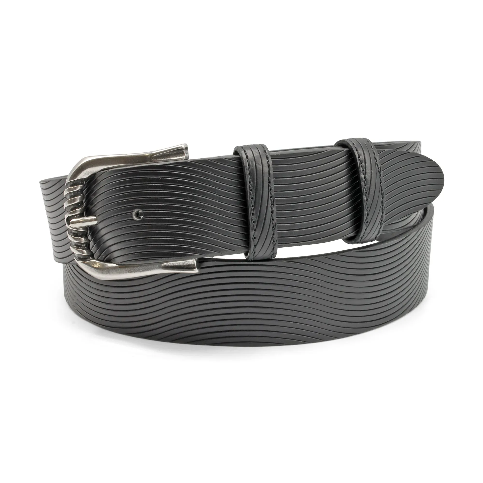 Wave Texture Black Supple Ridge Prong Detail Belt