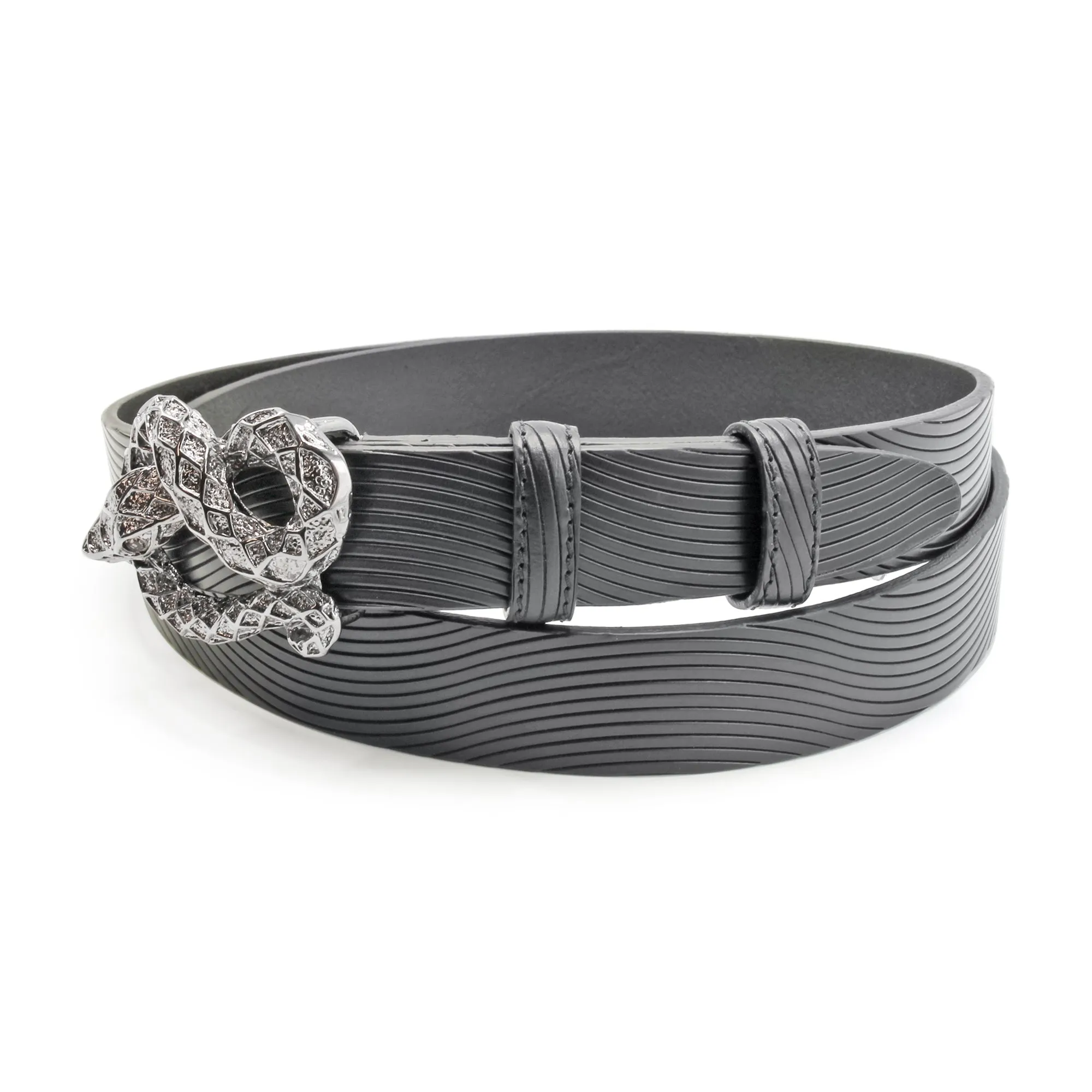 Wave Texture Narrow Black Wrapped Snake Belt