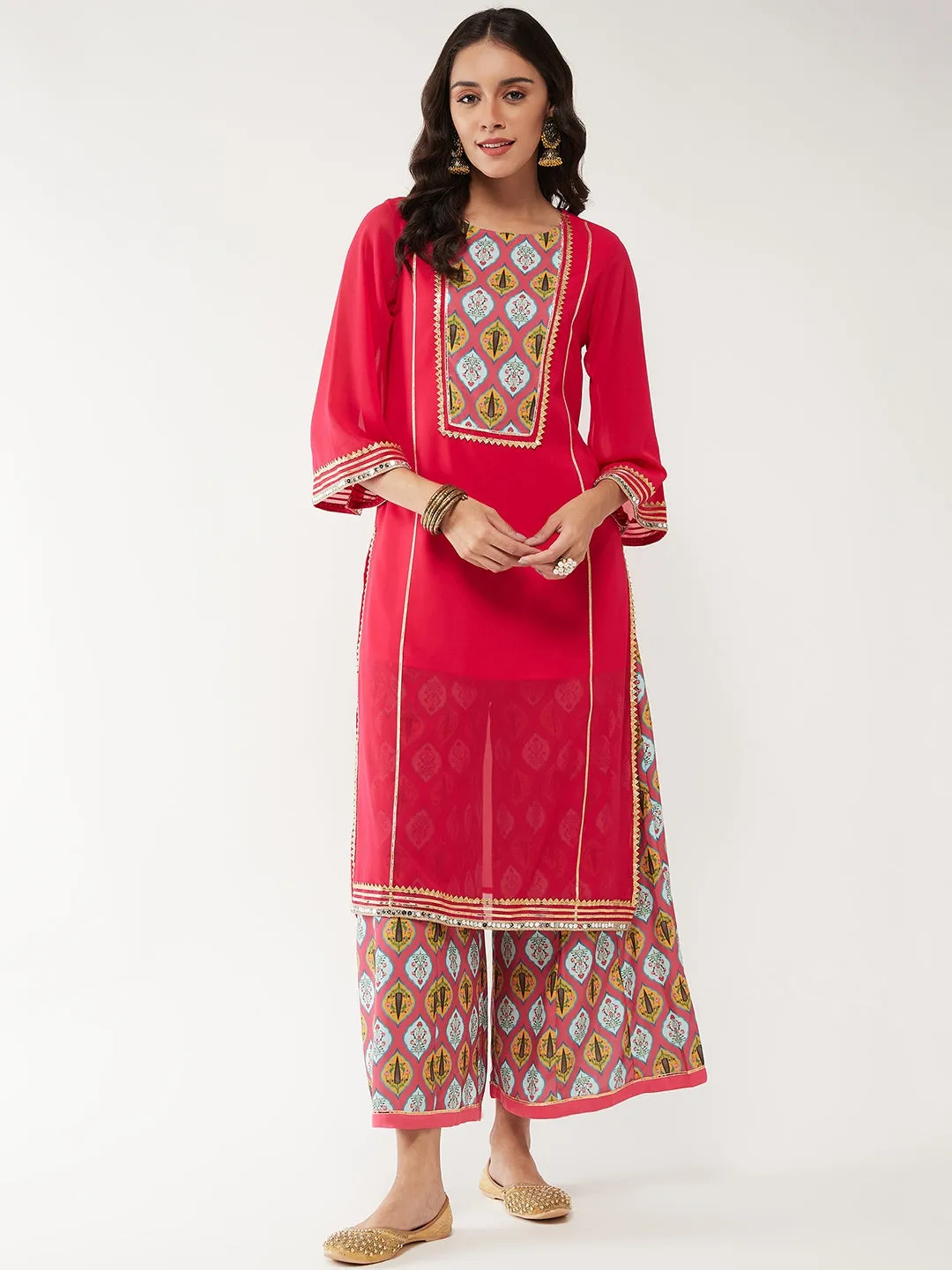 Wedding Inspired Solid Lace Kurta With Digital Printed Flared Palazzo Set