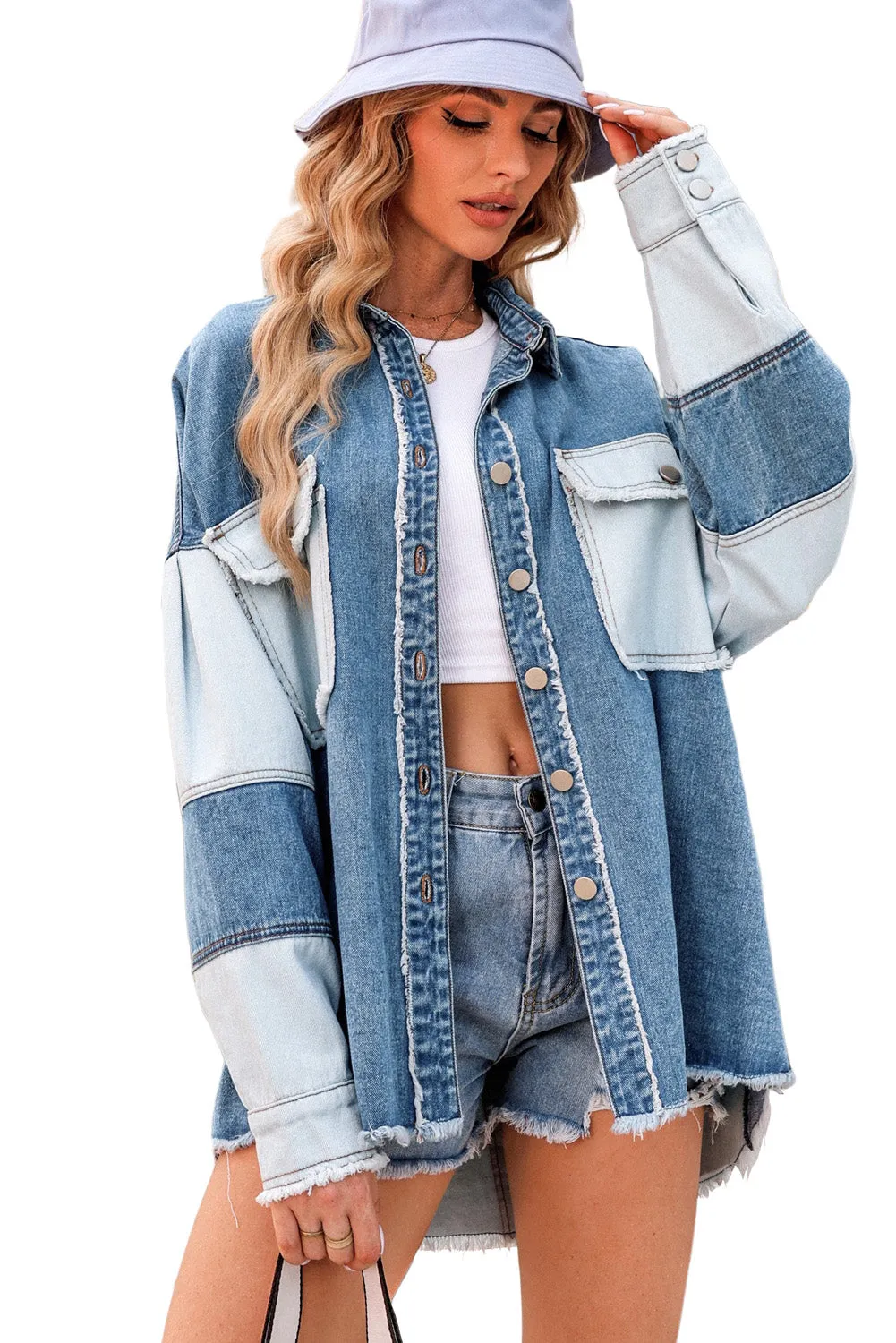 Wholesale Dark Blue Patchwork Raw Hem Oversized Denim Shacket