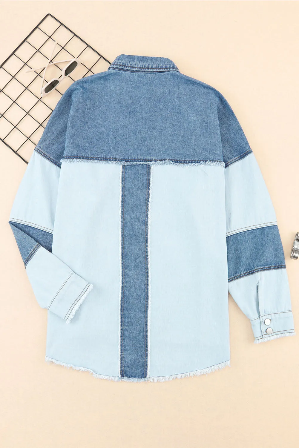 Wholesale Dark Blue Patchwork Raw Hem Oversized Denim Shacket