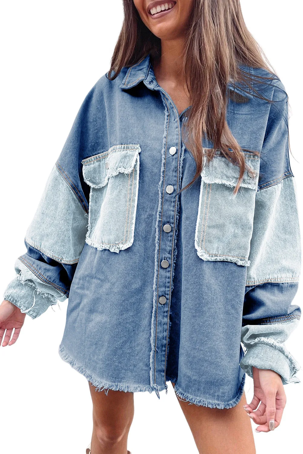 Wholesale Dark Blue Patchwork Raw Hem Oversized Denim Shacket