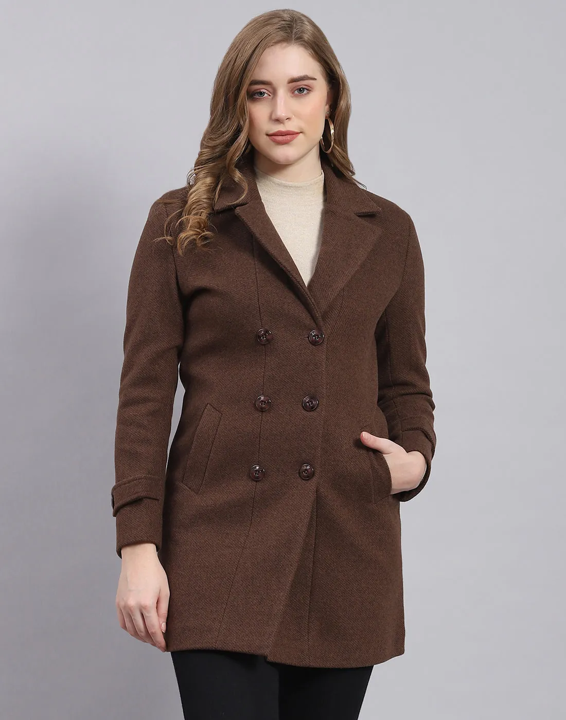 Women Brown Solid Lapel Collar Full Sleeve Coat