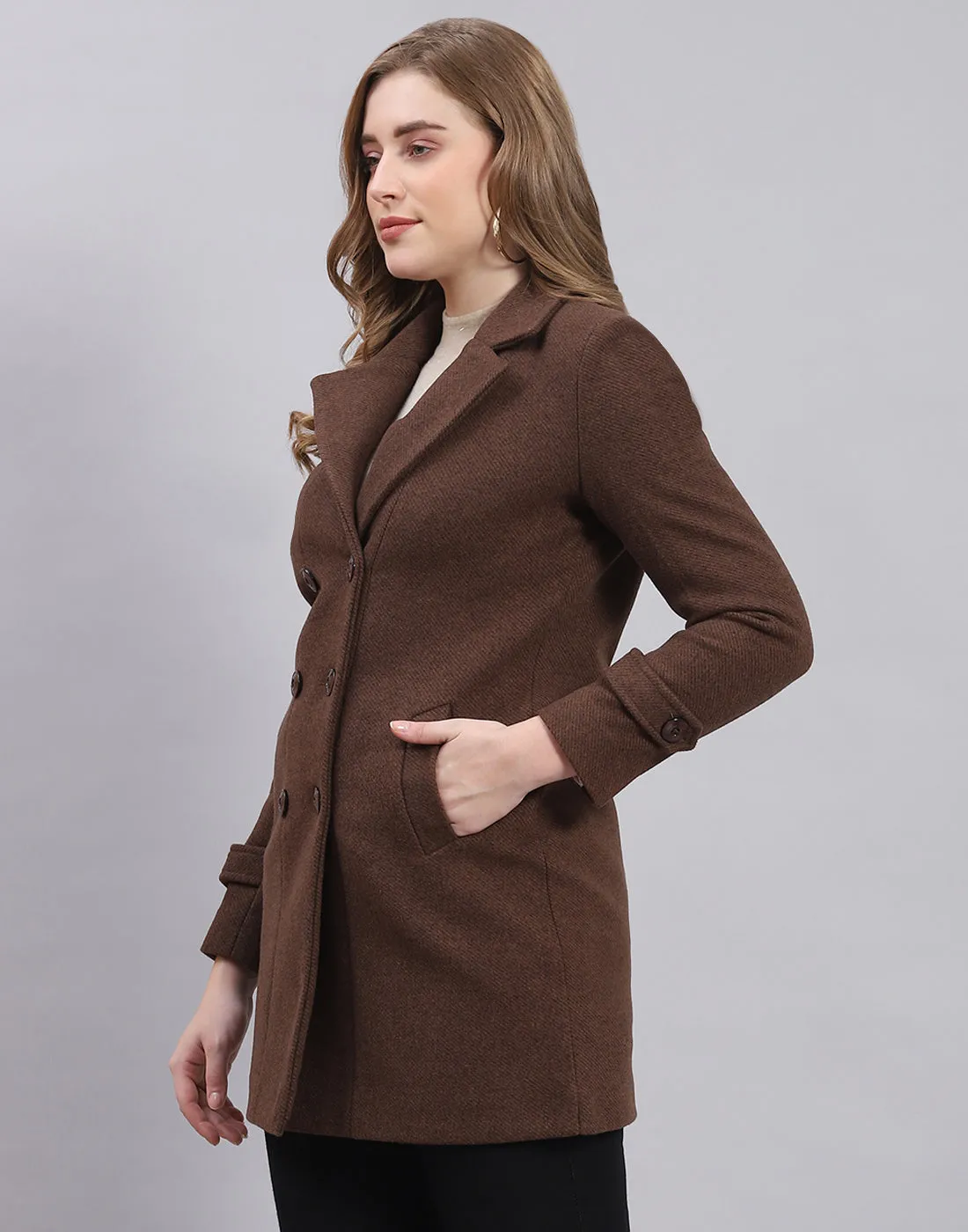 Women Brown Solid Lapel Collar Full Sleeve Coat