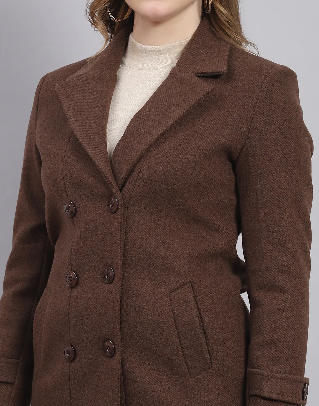 Women Brown Solid Lapel Collar Full Sleeve Coat