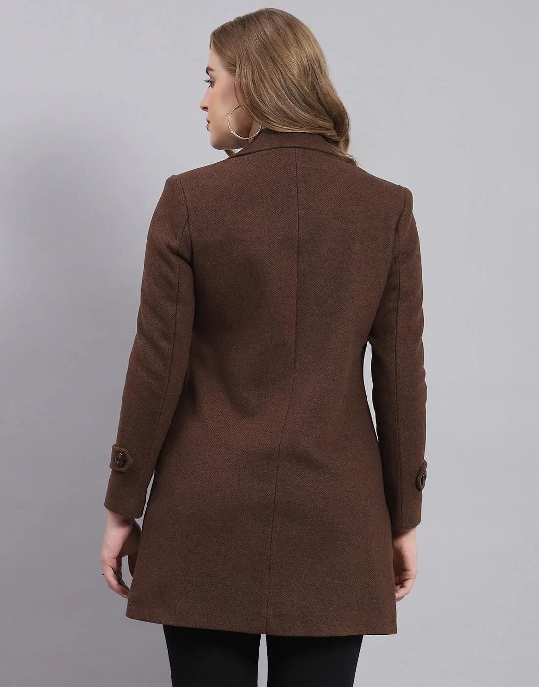 Women Brown Solid Lapel Collar Full Sleeve Coat