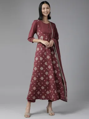 Women Burgundy Poly Rayon Dobby Kurta Set With Dupatta