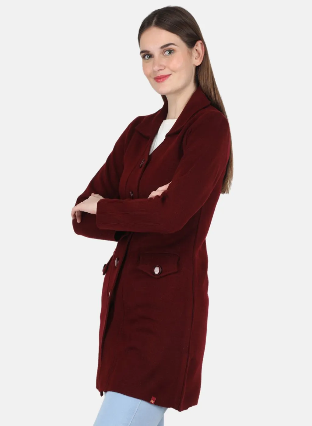 Women Maroon Self design Coat