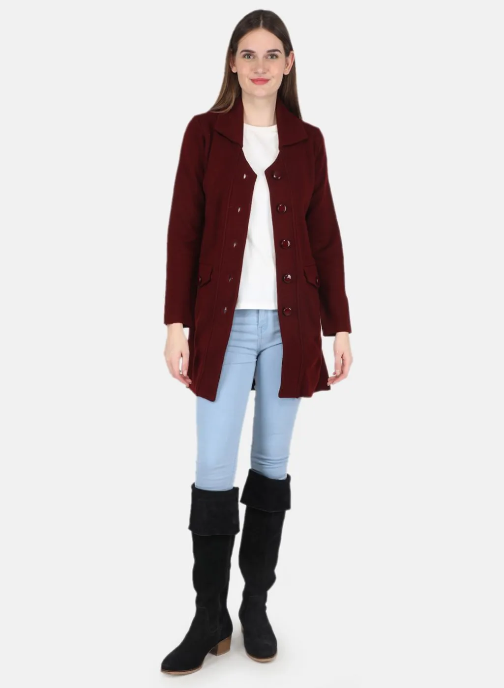 Women Maroon Self design Coat