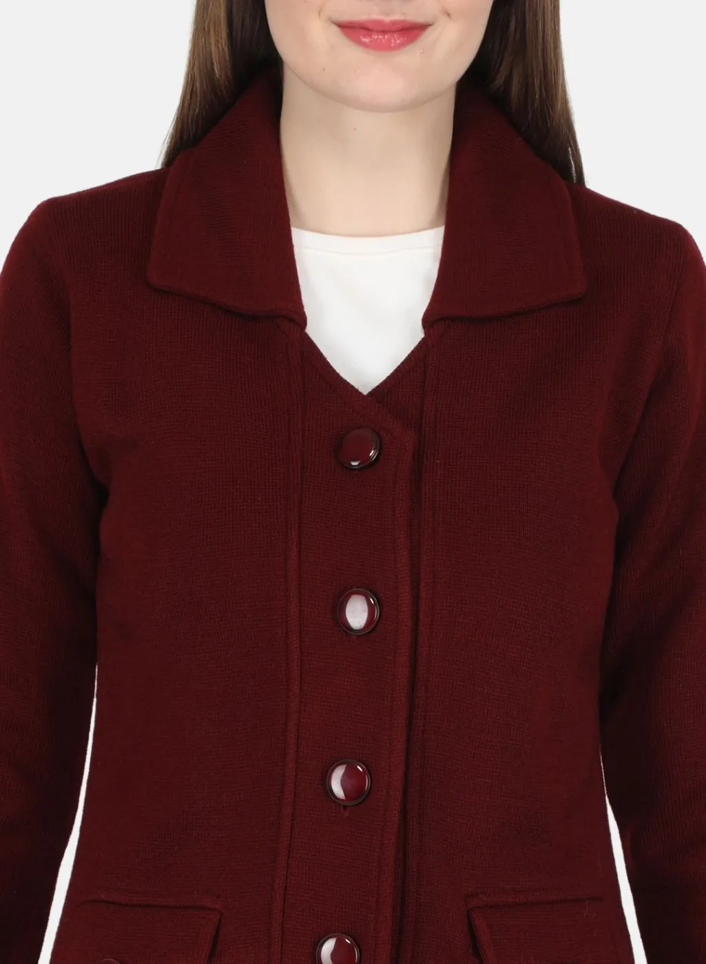 Women Maroon Self design Coat