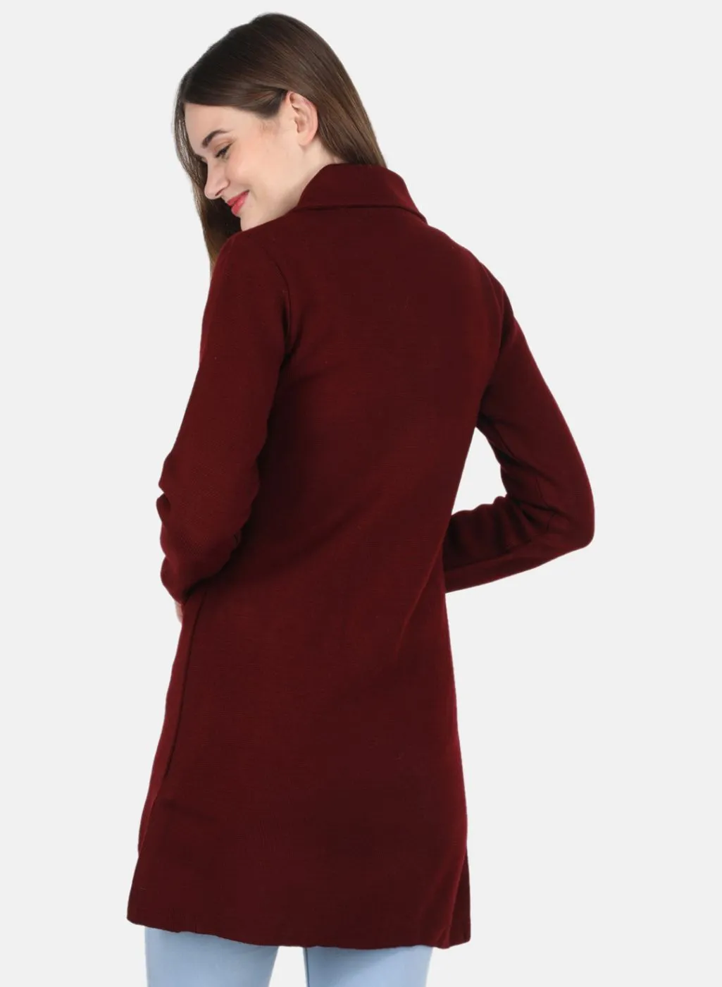 Women Maroon Self design Coat