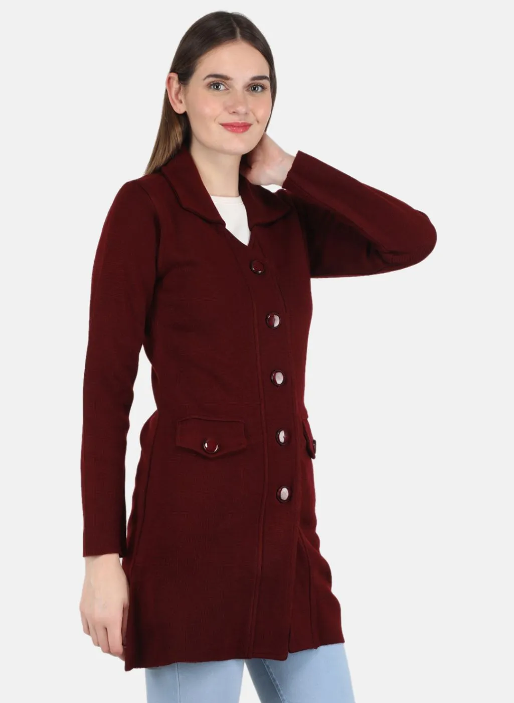 Women Maroon Self design Coat