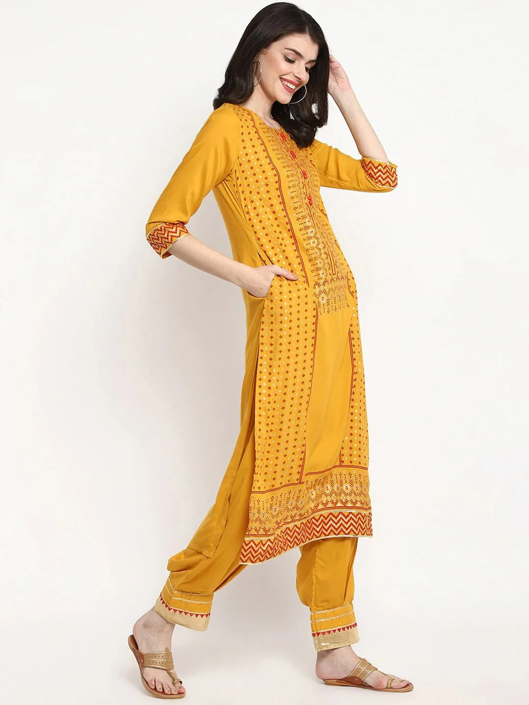 Women Mustard Yellow & Red Printed Kurta With Trousers & Dupatta