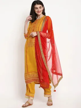 Women Mustard Yellow & Red Printed Kurta With Trousers & Dupatta