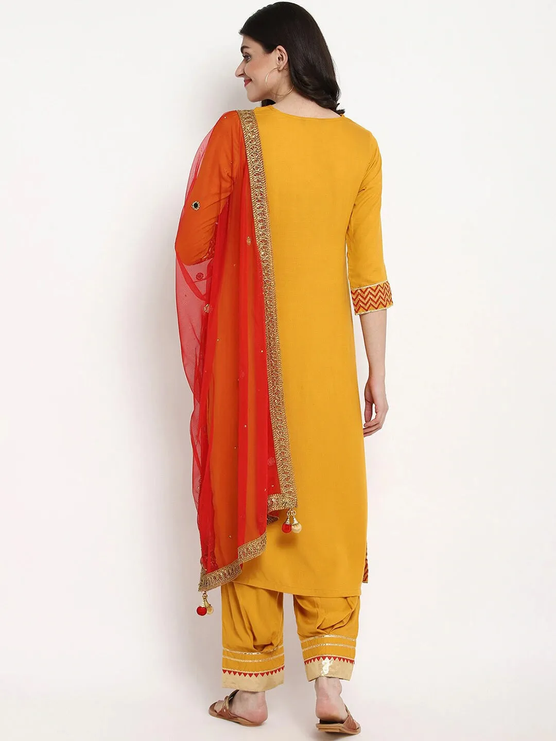 Women Mustard Yellow & Red Printed Kurta With Trousers & Dupatta