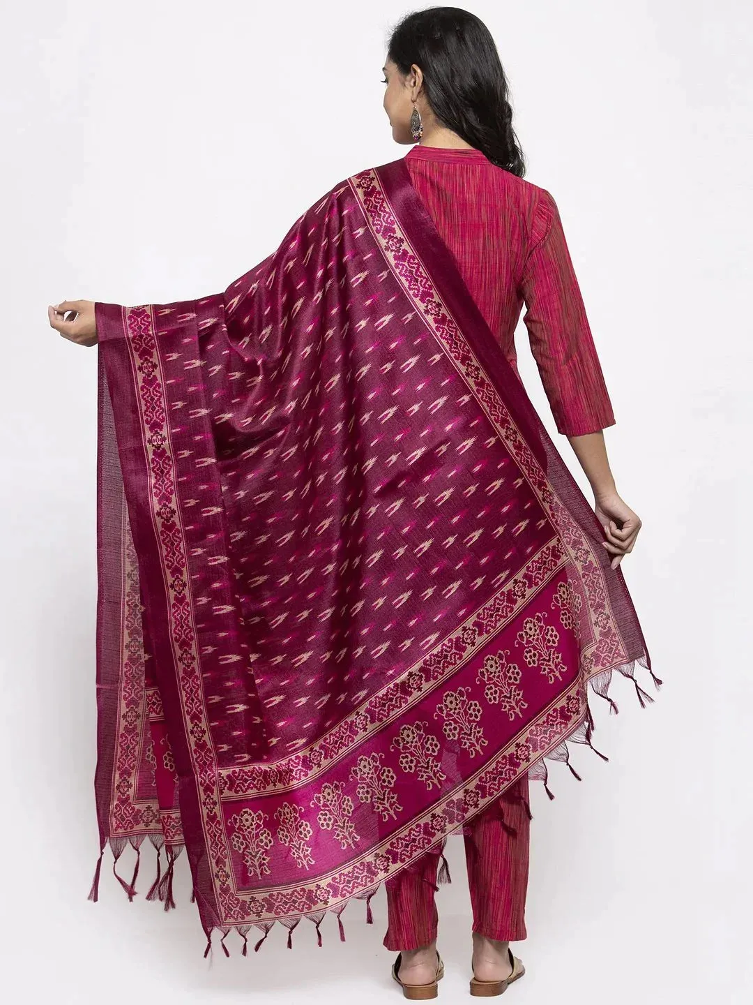 Women Pink Self-Striped Kurta With Trousers & Art Silk Printed Dupatta