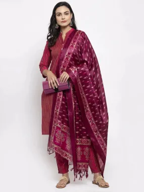 Women Pink Self-Striped Kurta With Trousers & Art Silk Printed Dupatta