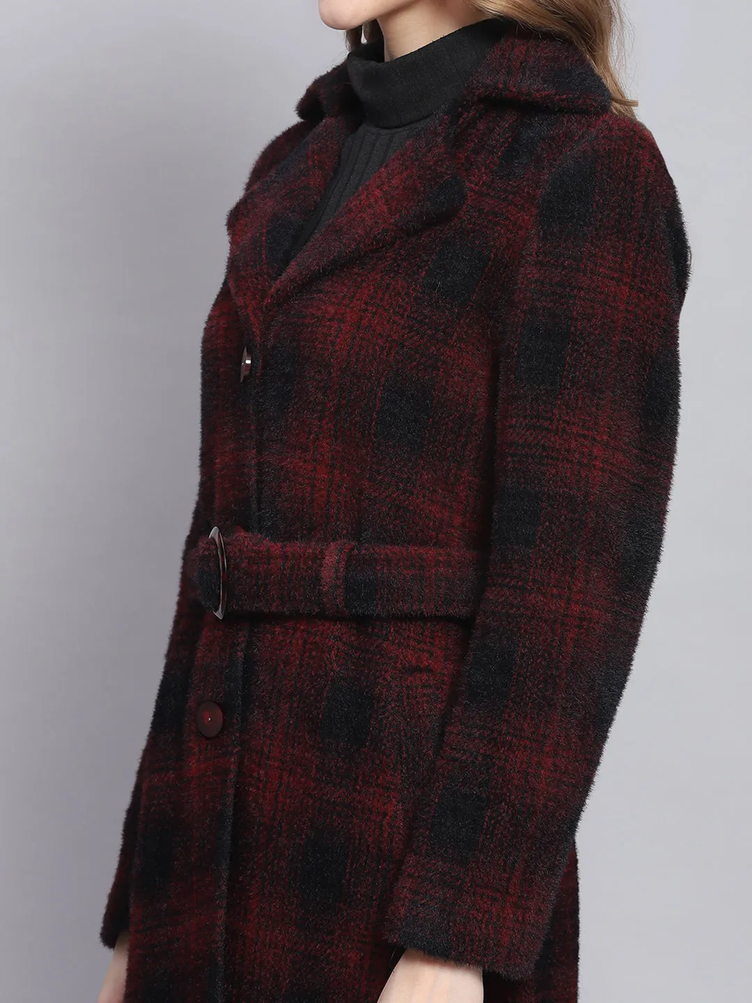 Women Red Check Lapel Collar Full Sleeve Coats