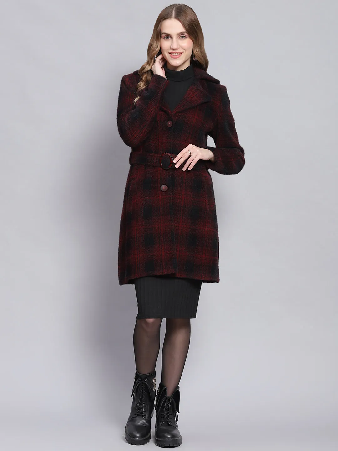 Women Red Check Lapel Collar Full Sleeve Coats