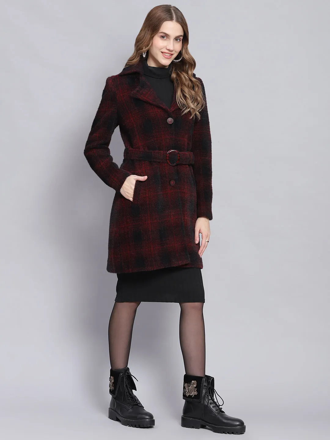 Women Red Check Lapel Collar Full Sleeve Coats