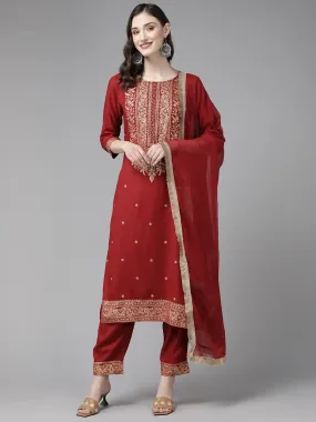 Women Red Viscose Rayon Kurta Set With Dupatta