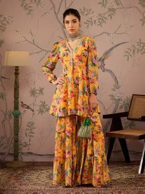 Women Yellow Floral Peplum Top With Sharara Pants