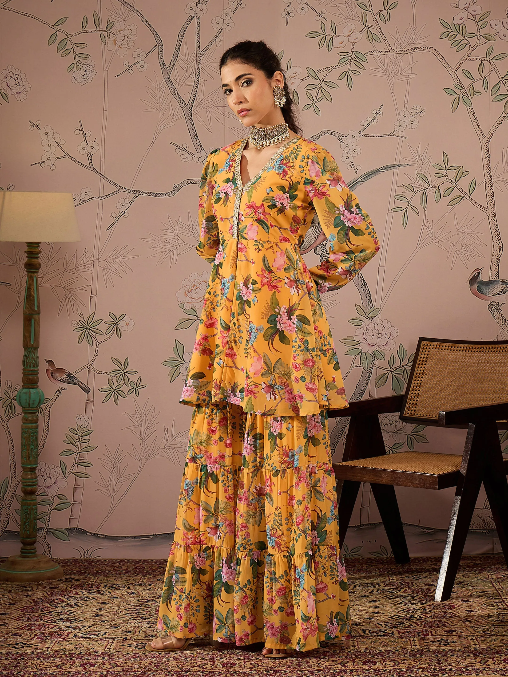 Women Yellow Floral Peplum Top With Sharara Pants