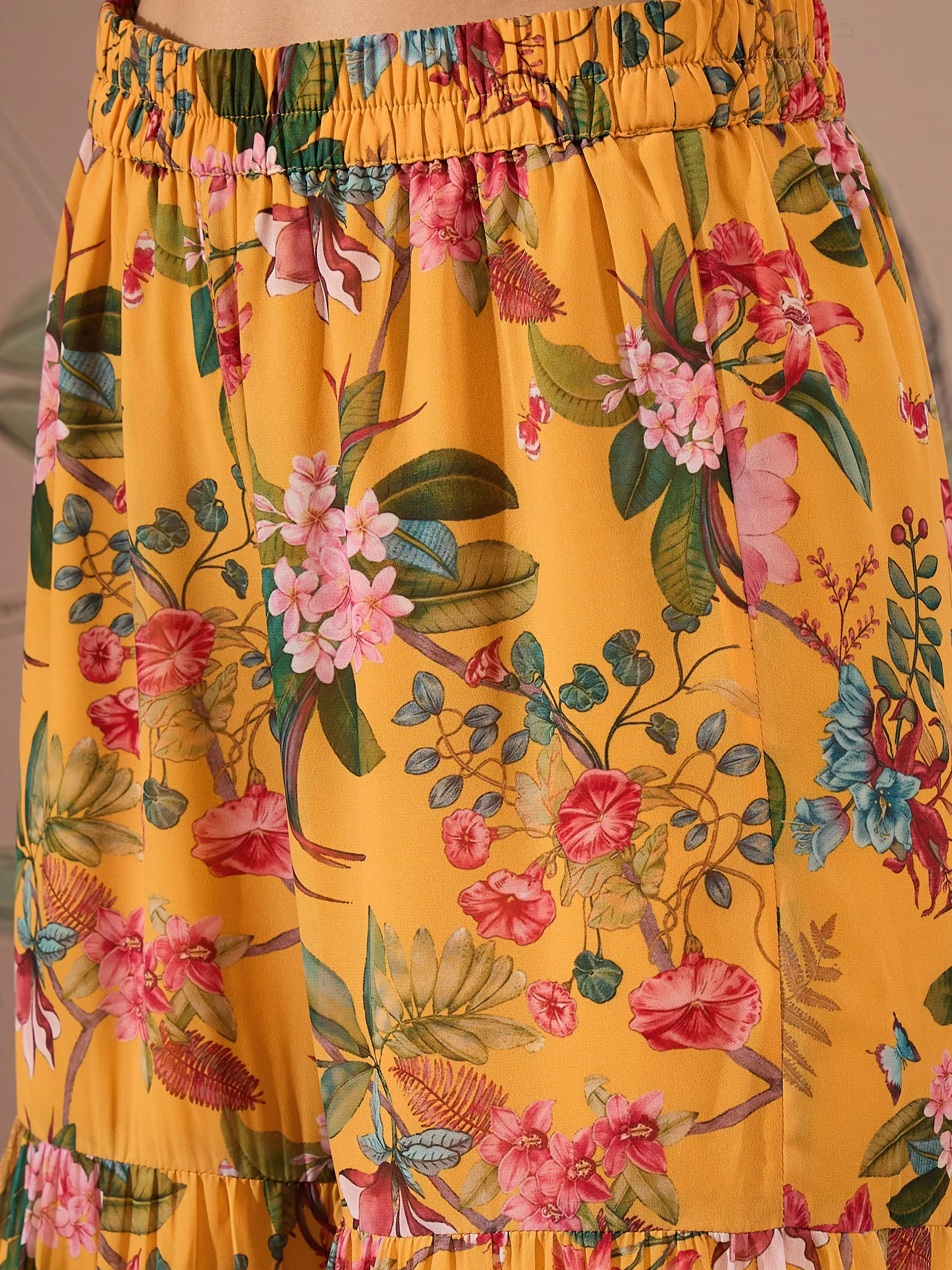 Women Yellow Floral Peplum Top With Sharara Pants