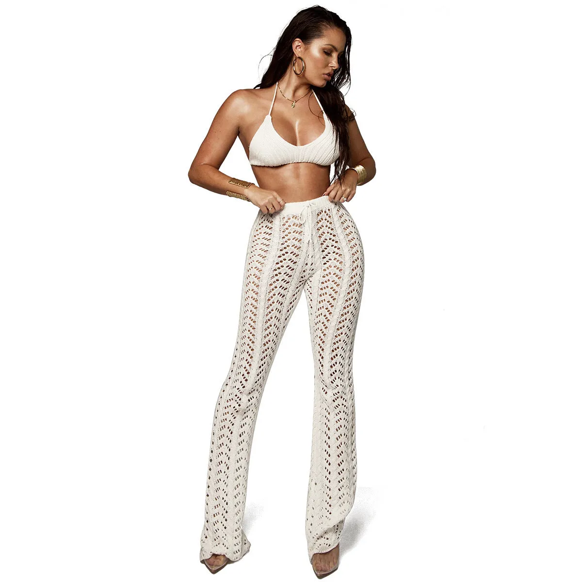 Women's Boho Nightclub Cutout Knitted Trousers in Beige / Camel Size: S, M, L, XL