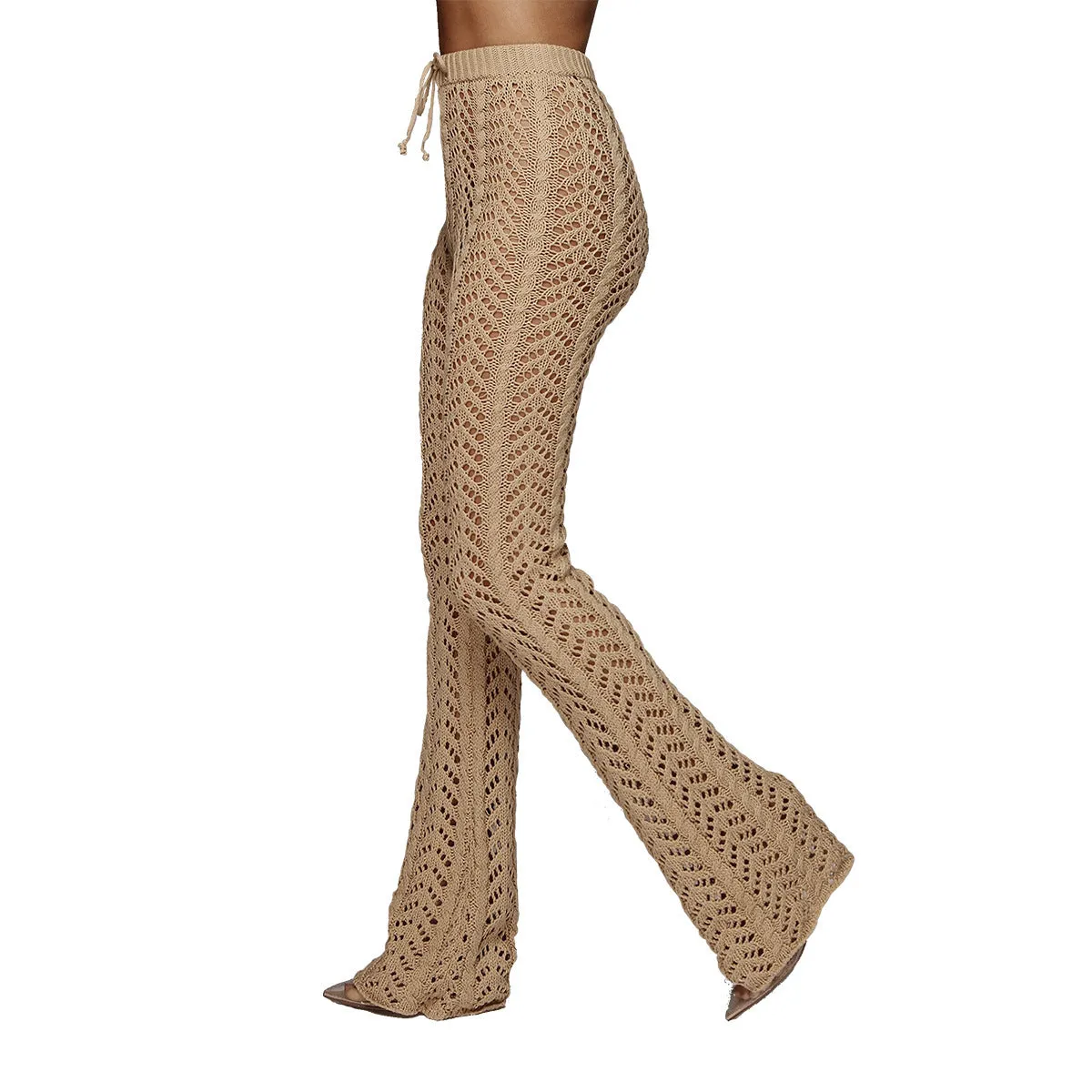 Women's Boho Nightclub Cutout Knitted Trousers in Beige / Camel Size: S, M, L, XL