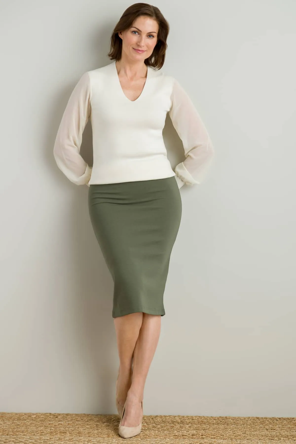 Women's Ponte Knit Midi Length Pencil Skirt