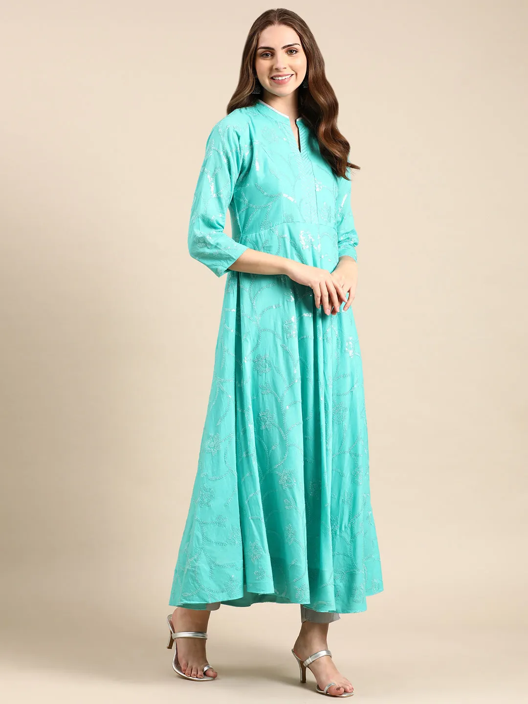 Women's Sea Green Embellished Anarkali Kurta