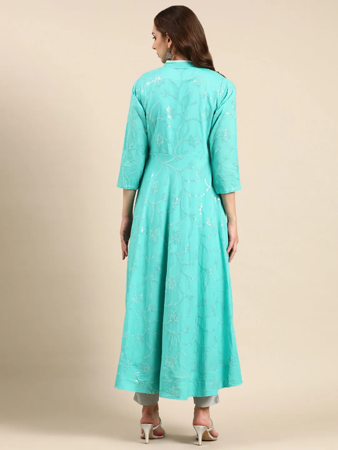 Women's Sea Green Embellished Anarkali Kurta