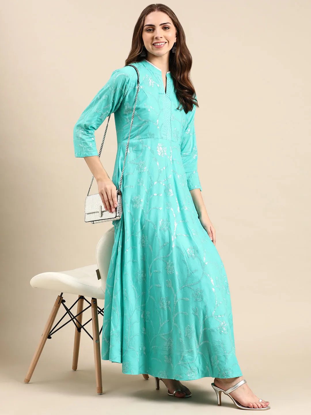 Women's Sea Green Embellished Anarkali Kurta