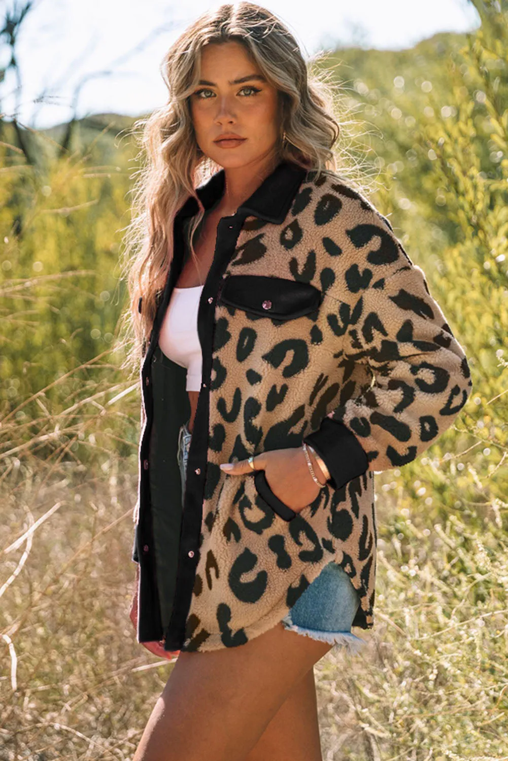 Women's Winter Coat Leopard Contrast Oversized Teddy Shacket