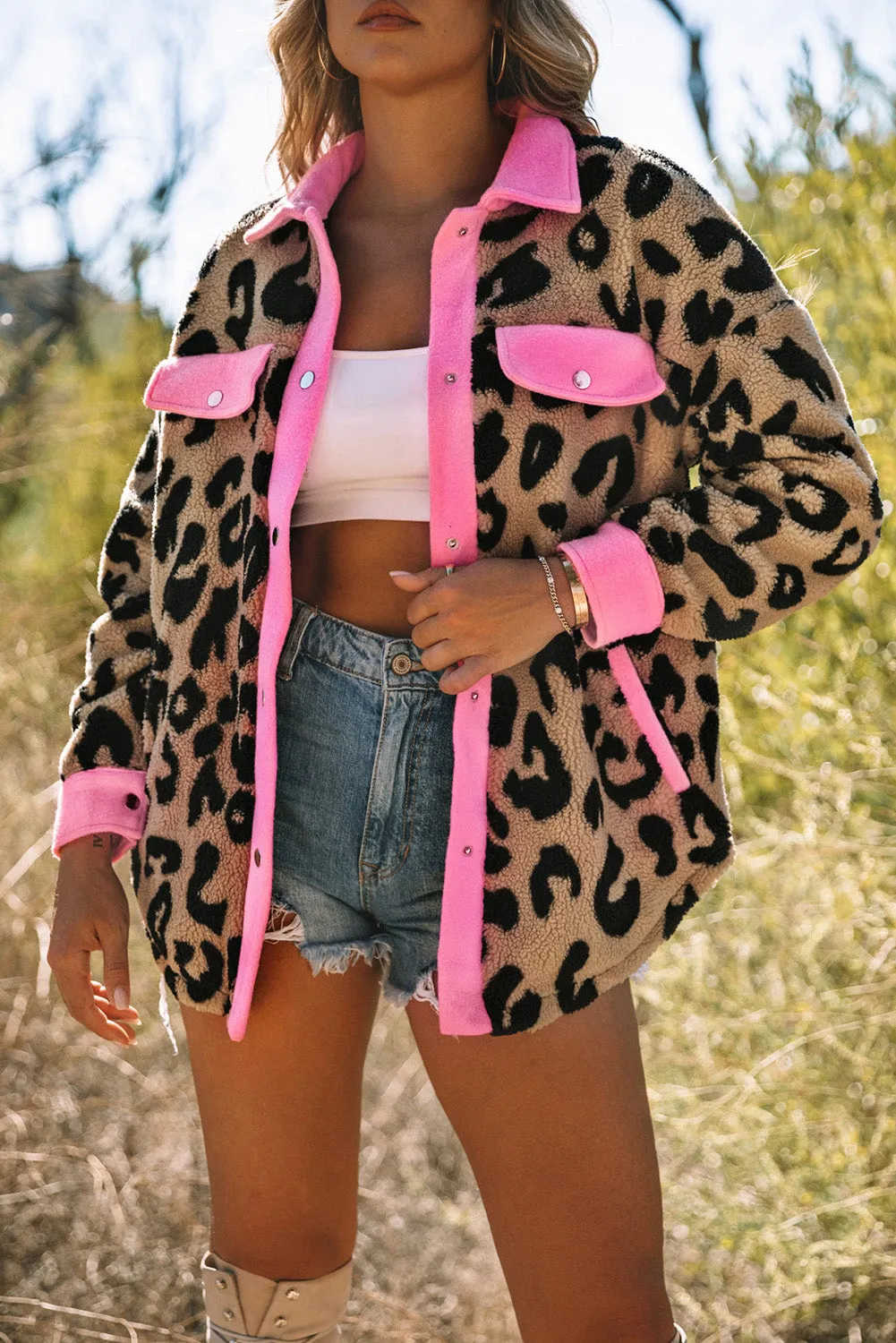 Women's Winter Coat Leopard Contrast Oversized Teddy Shacket